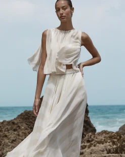 Capri Silk Gathered Top - Ecru Stripe
