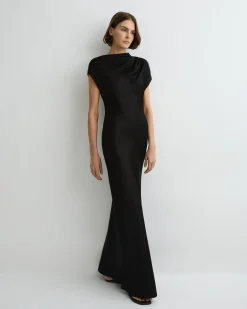 Faro Draped Shoulder Bias Dress - Black