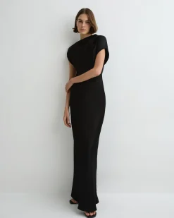Faro Draped Shoulder Bias Dress - Black