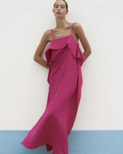 Orta Silk Ruffle Slip Dress - Magenta