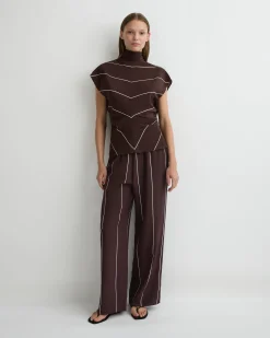 Orta Silk Tie Neck Top - Mocha Stripe